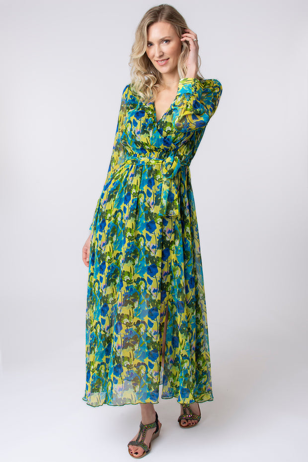 Painted floral floaty wrap dress