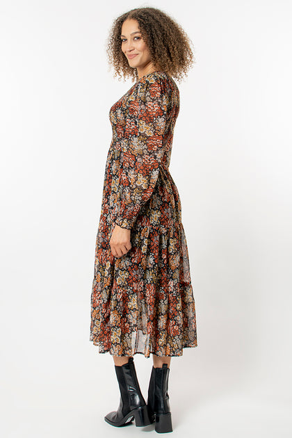 Autumn floral tiered dress – The Stock Shop