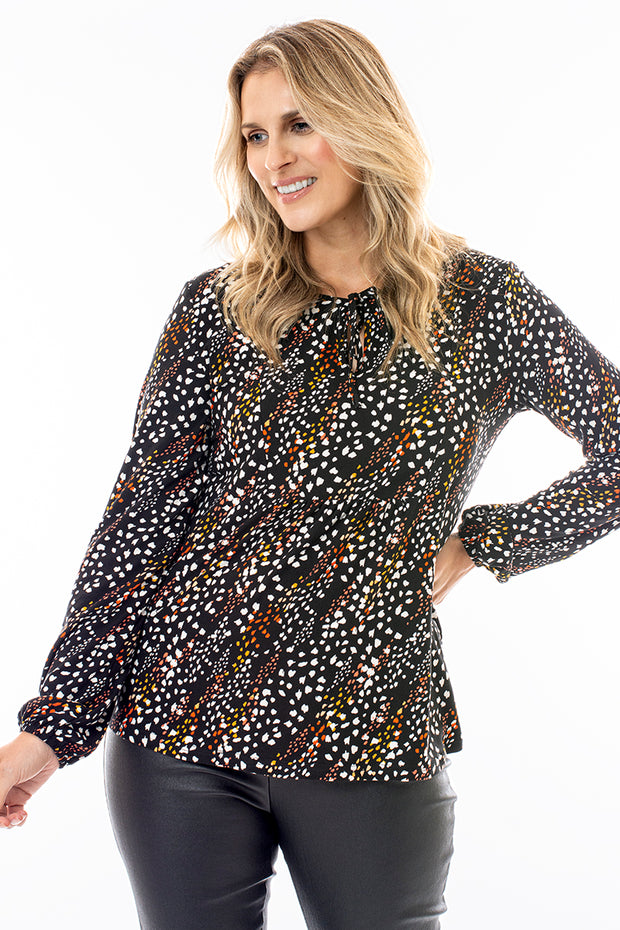 Abstract spot keyhole neck top
