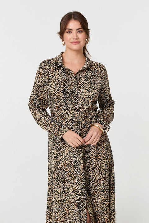 animal print shirt dress uk Animal Print Midi Shirt Dress in Camel