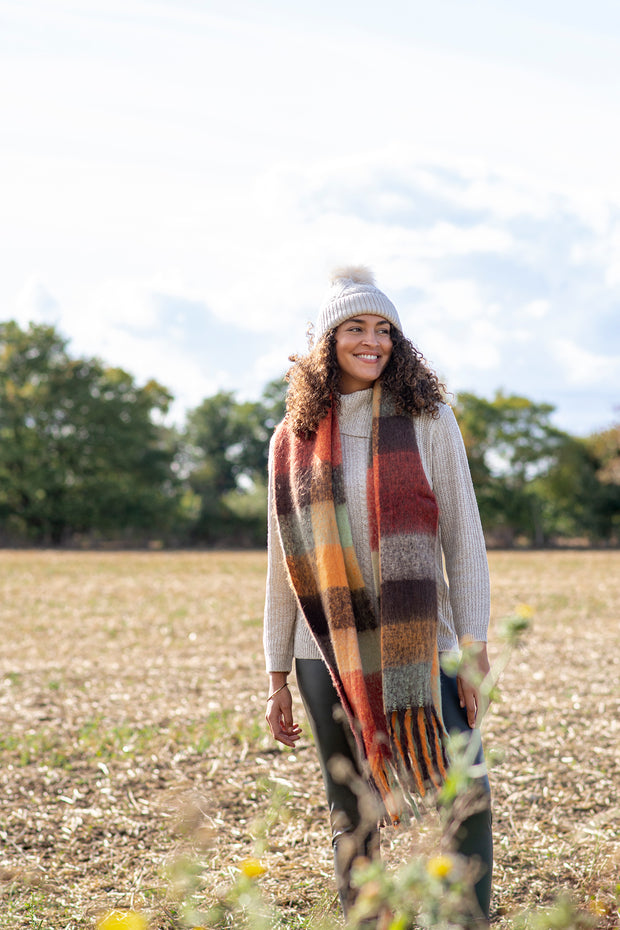 Autumnal Block Check Tassel Scarf