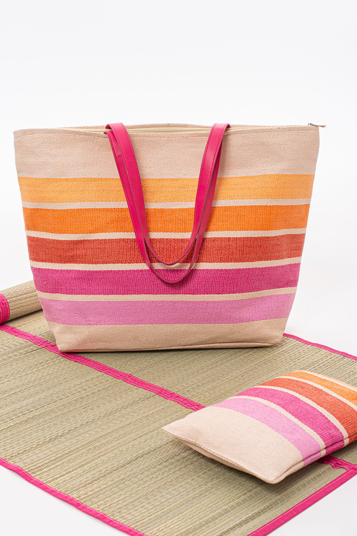 Block Stripe Beach Bag With Mat Pillow