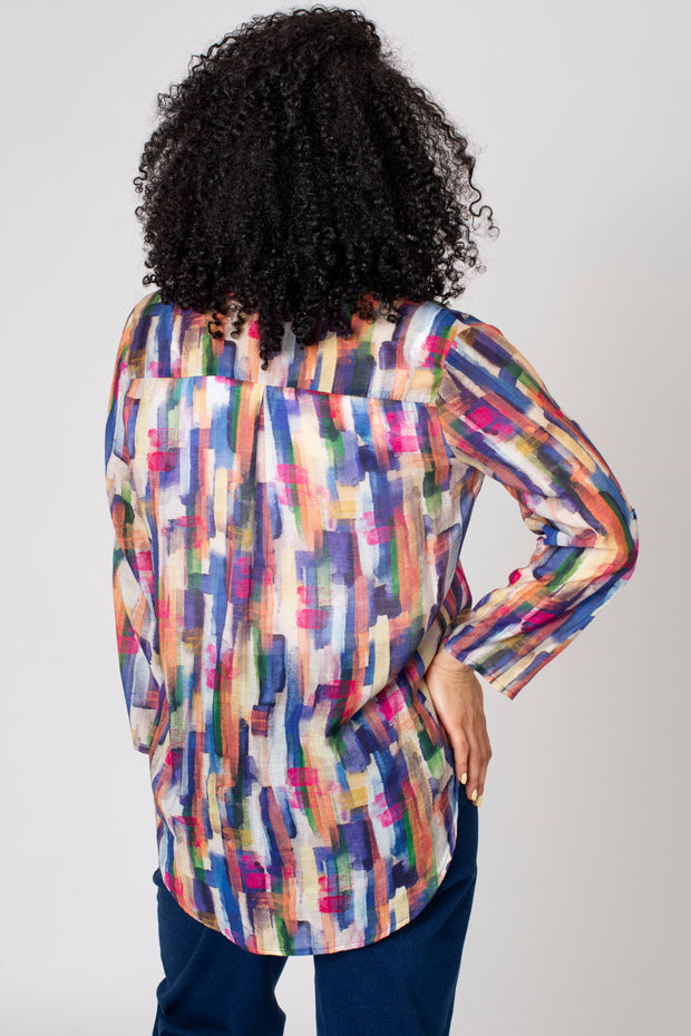 Blurred Brushstroke Notch Neck Top