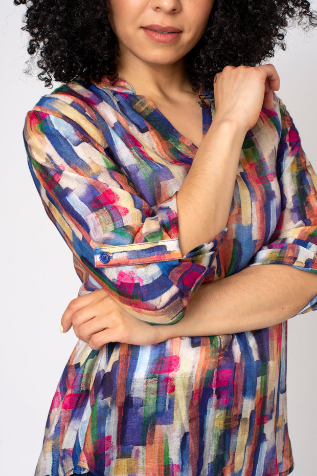 Blurred Brushstroke Notch Neck Top