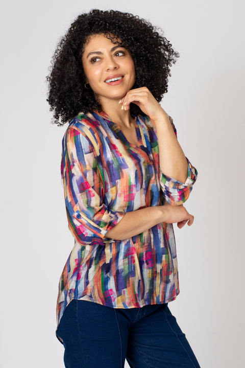Blurred Brushstroke Notch Neck Top