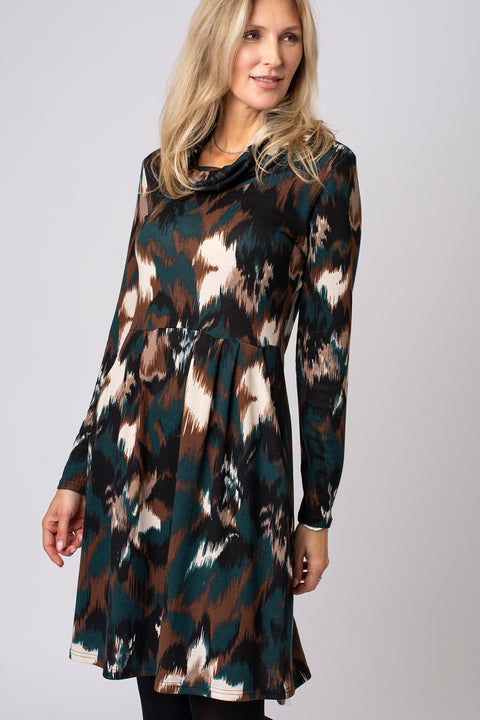 Blurry Abstract Print Cowl Neck Dress
