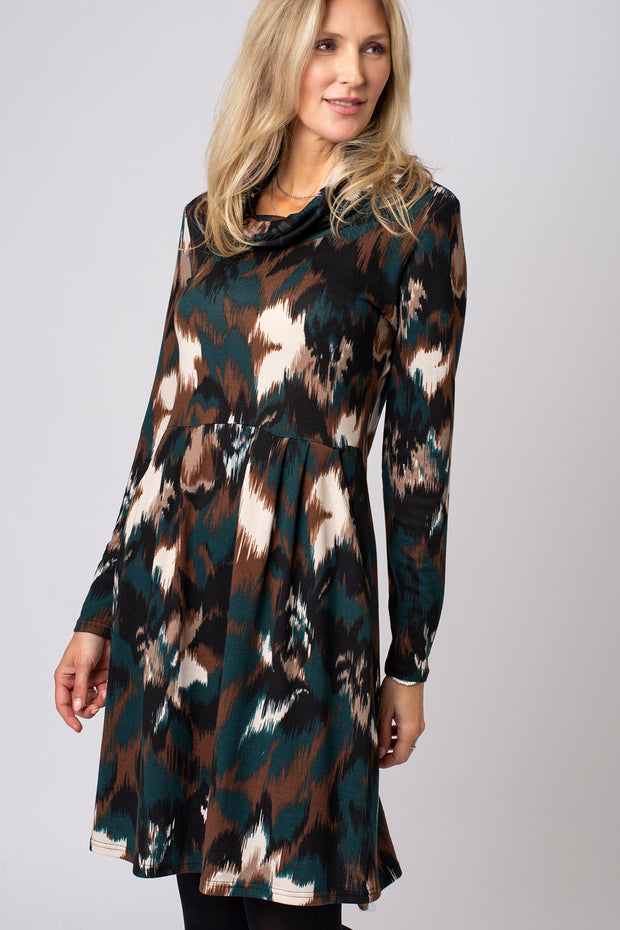 Blurry Abstract Print Cowl Neck Dress