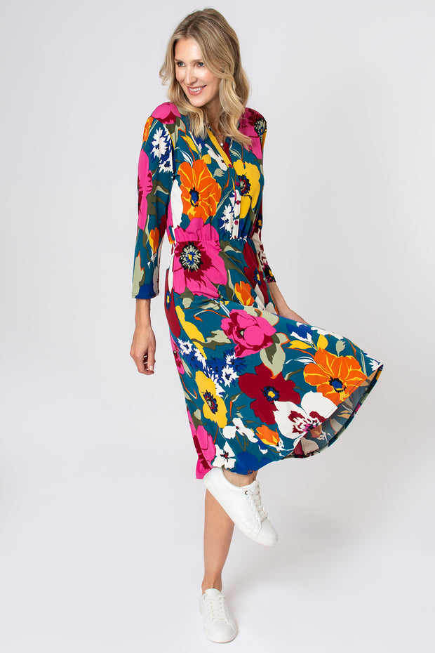 Bold Autumn Floral Shirt Dress