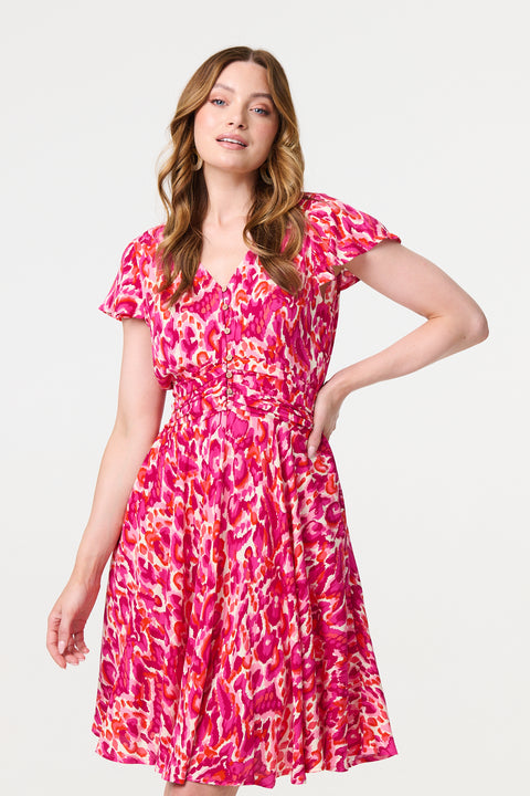 Bright Animal Ruche Waist Short Dress