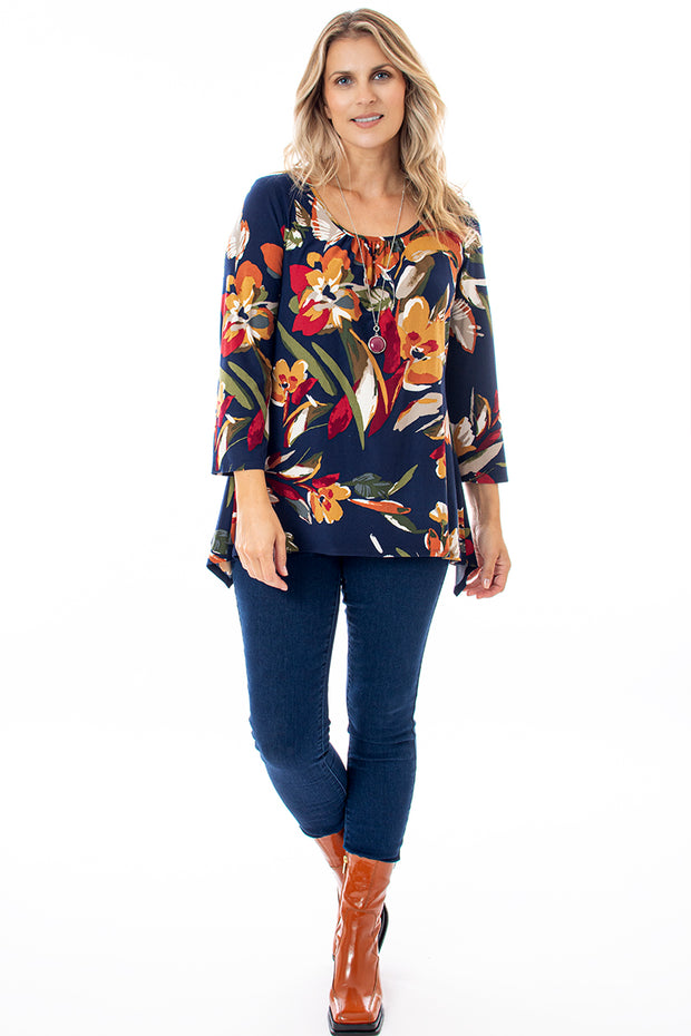 Bright floral hanky hem top with necklace