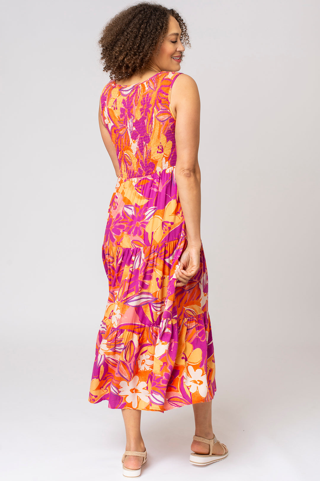 Bright Floral Shirred Sleeveless Tiered Dress  The Stock Shop