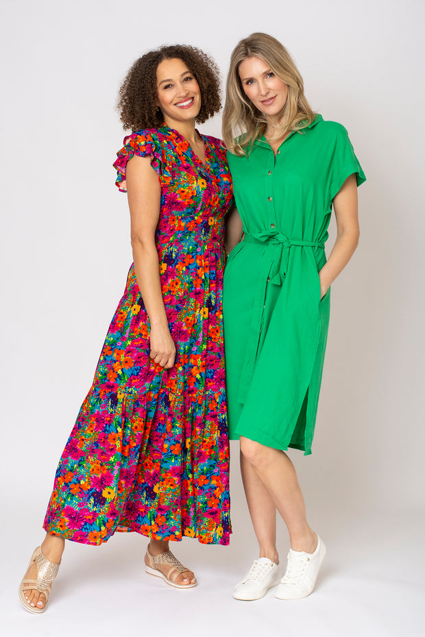 Bright Floral Shirred Waist Tiered Dress