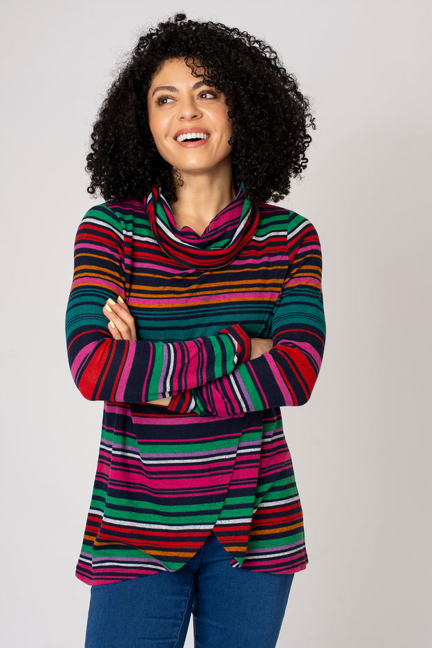 Bright Stripe Brushed Cowl Neck Top