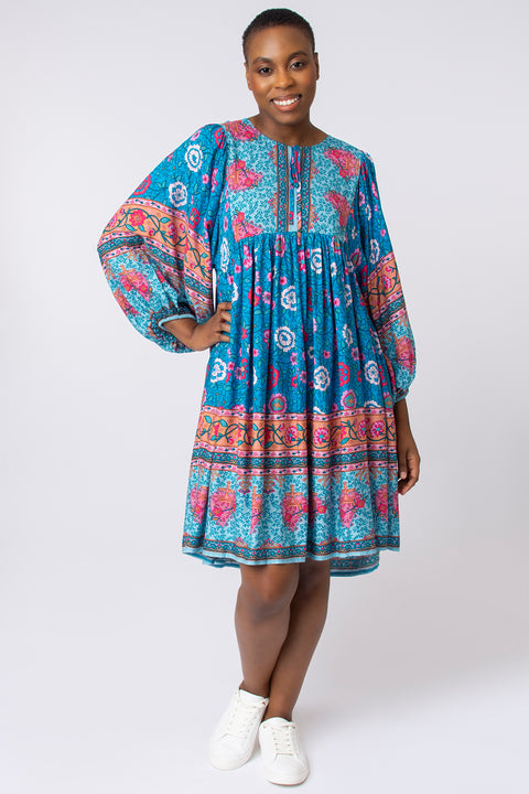 Bright Paisley Long Sleeve Mini Smock Dress