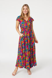 Bright Floral Ruche Waist Dress