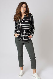 Broken grid half placket top