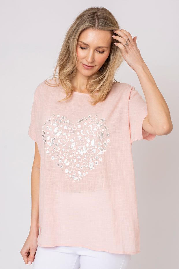 Butterfly Heart Slub Foil Print Top