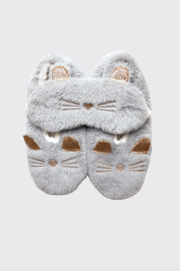 Fluffy Cat Slipper and Eye Mask Set