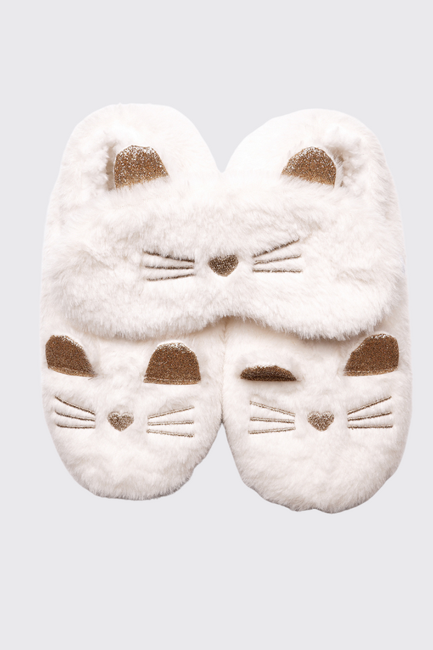 Fluffy Cat Slipper and Eye Mask Set