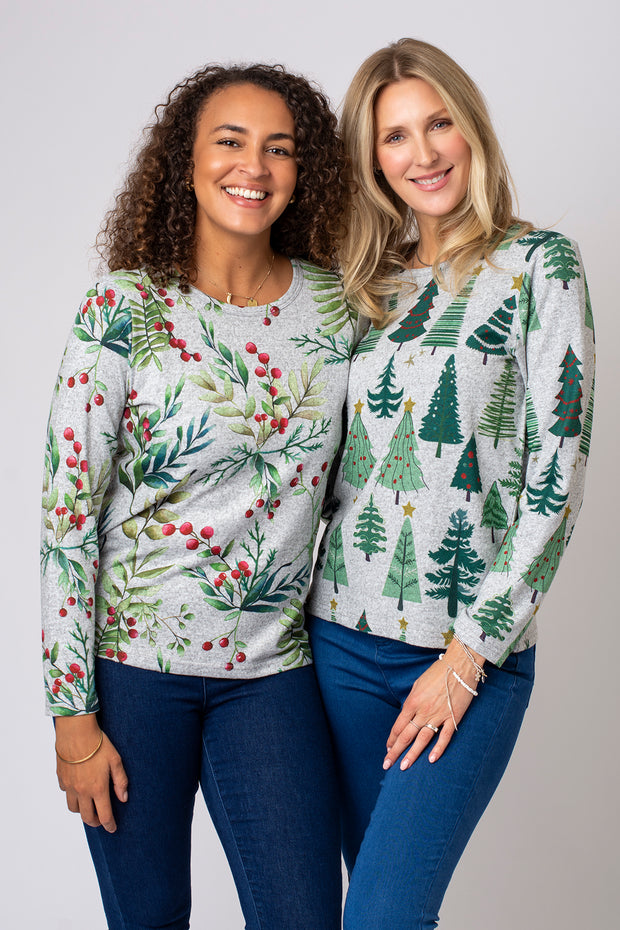 Christmas Foliage Print Brushed Top