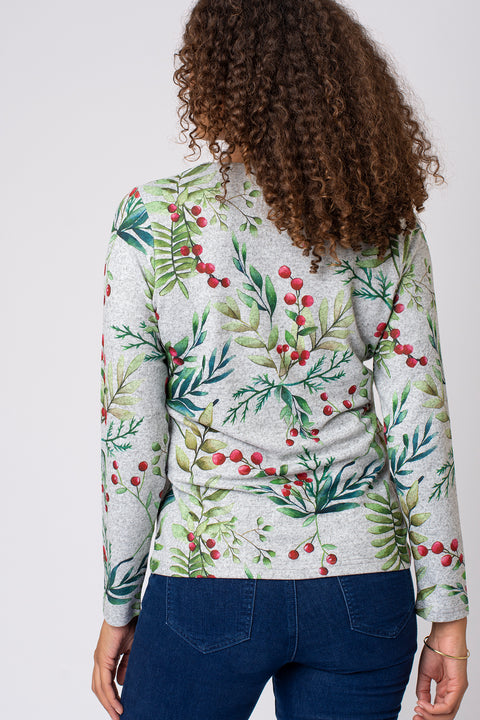 Christmas Foliage Print Brushed Top