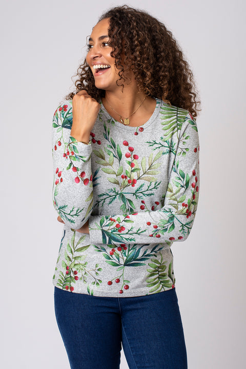 Christmas Foliage Print Brushed Top