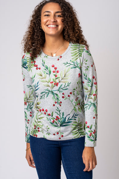 Christmas Foliage Print Brushed Top