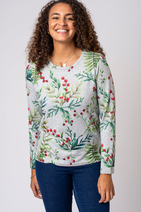Christmas Foliage Print Brushed Top