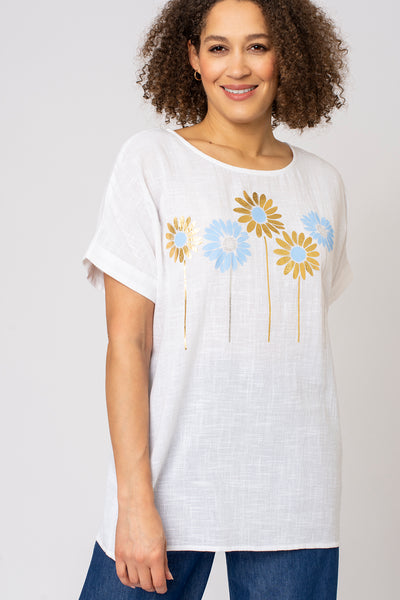 Daisy Floral Slub Foil Print Top