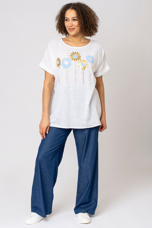 Daisy Floral Slub Foil Print Top