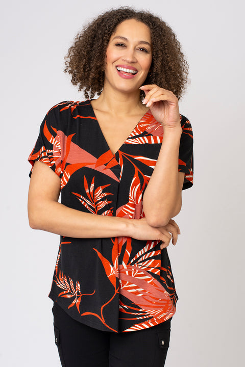 Earthy Leaf Print Jersey Pleat Front Tee