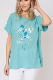 Floral Butterfly Slub Foil Print Top