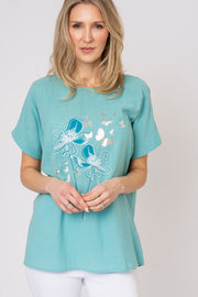 Floral Butterfly Slub Foil Print Top