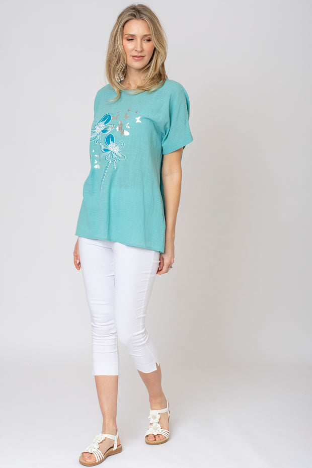 Floral Butterfly Slub Foil Print Top