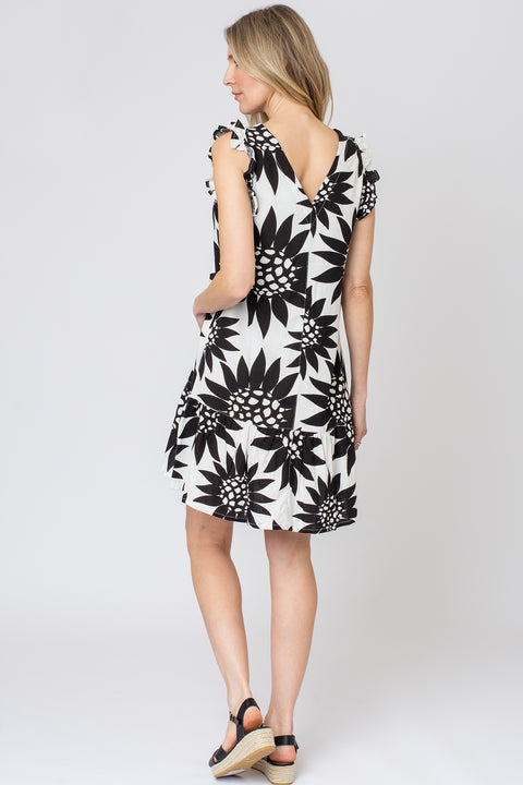 Floral Frill Sleeve Linen Mix Dress