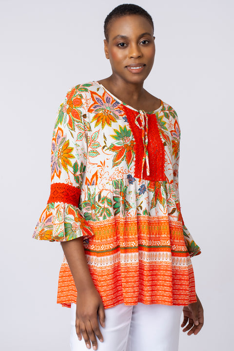 Frill sleeve multi border floral top