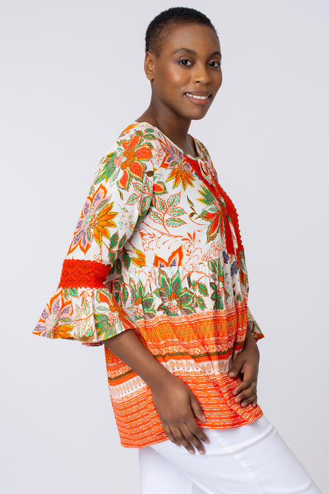 Frill sleeve multi border floral top