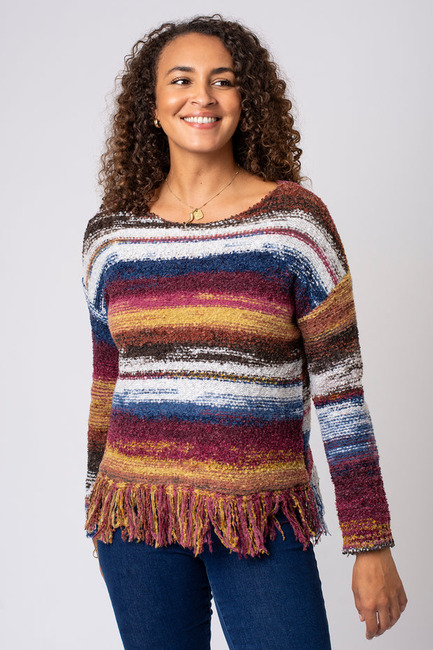 Fringe Hem Autumnal Stripe Jumper