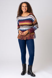Fringe Hem Autumnal Stripe Jumper