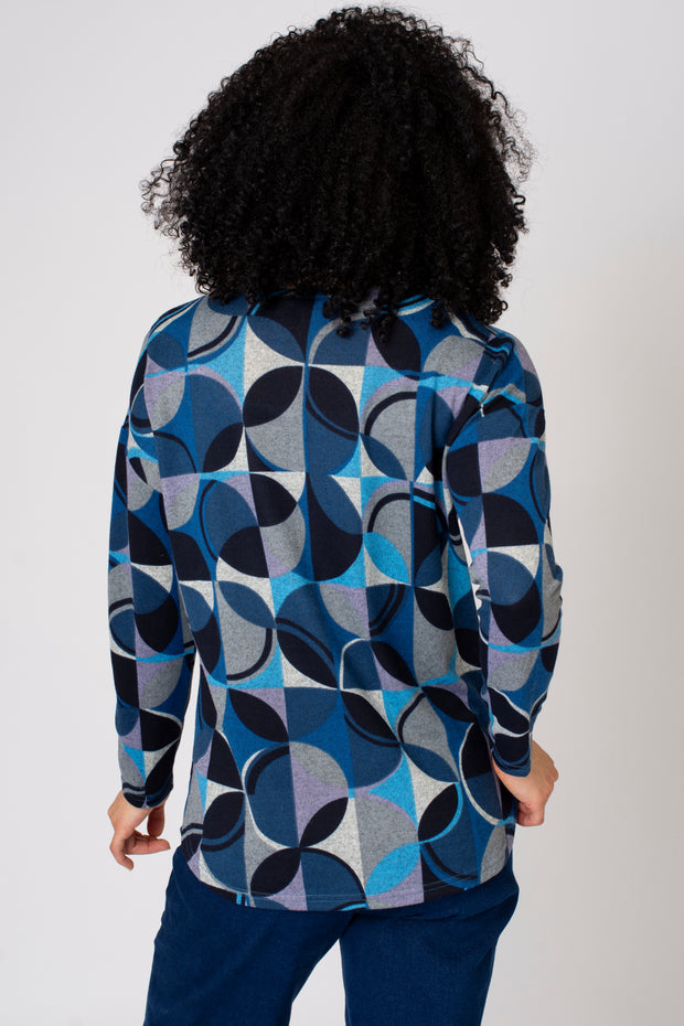 Geo Brushed Curved Hem Top