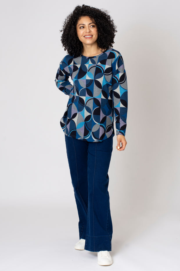 Geo Brushed Curved Hem Top