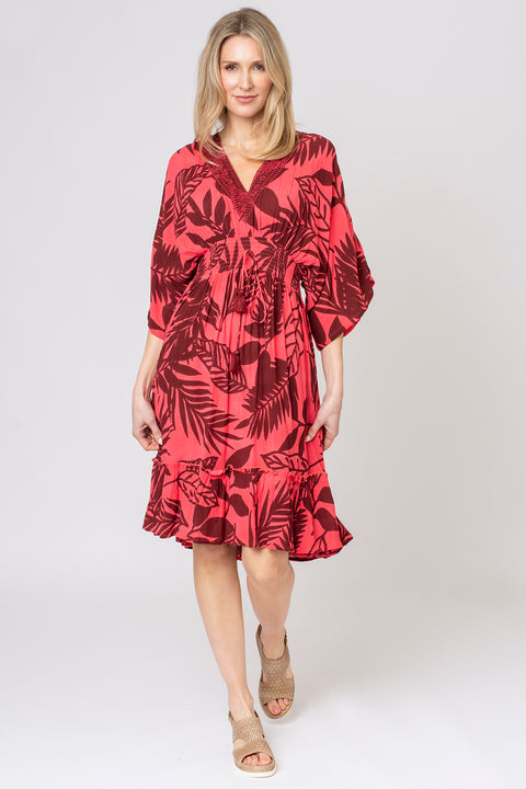 Busy palm midi lace neck dress