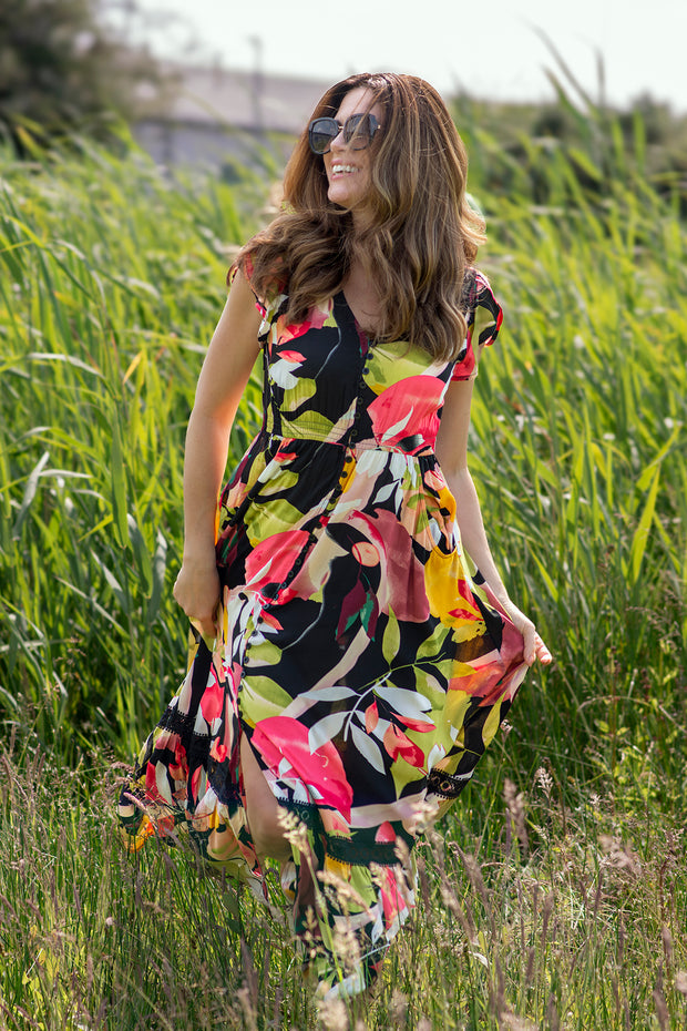 Large Leaf Button Front Tiered Dress
