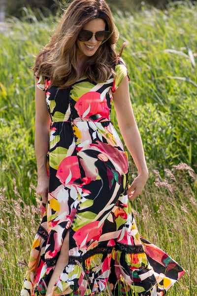 Large Leaf Button Front Tiered Dress