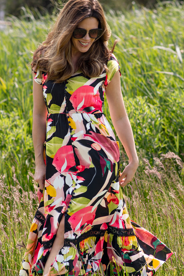 Large Leaf Button Front Tiered Dress