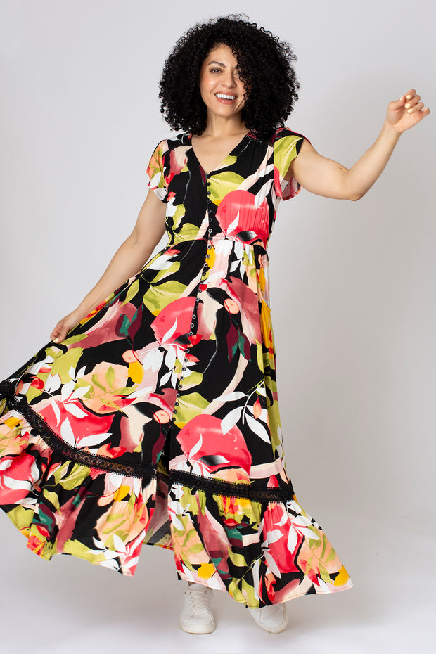 Large Leaf Button Front Tiered Dress