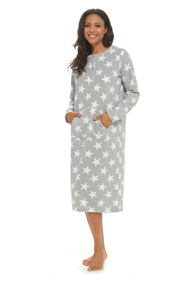 Long Sleeve Star Print Pocket Nightie