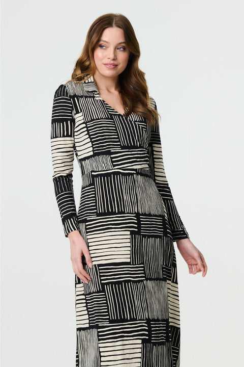 Multi Line Collared Wrap Dress