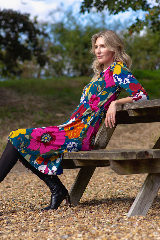 Bold Autumn Floral Shirt Dress