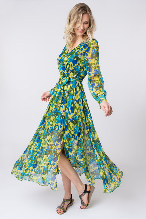 Painted floral floaty wrap dress